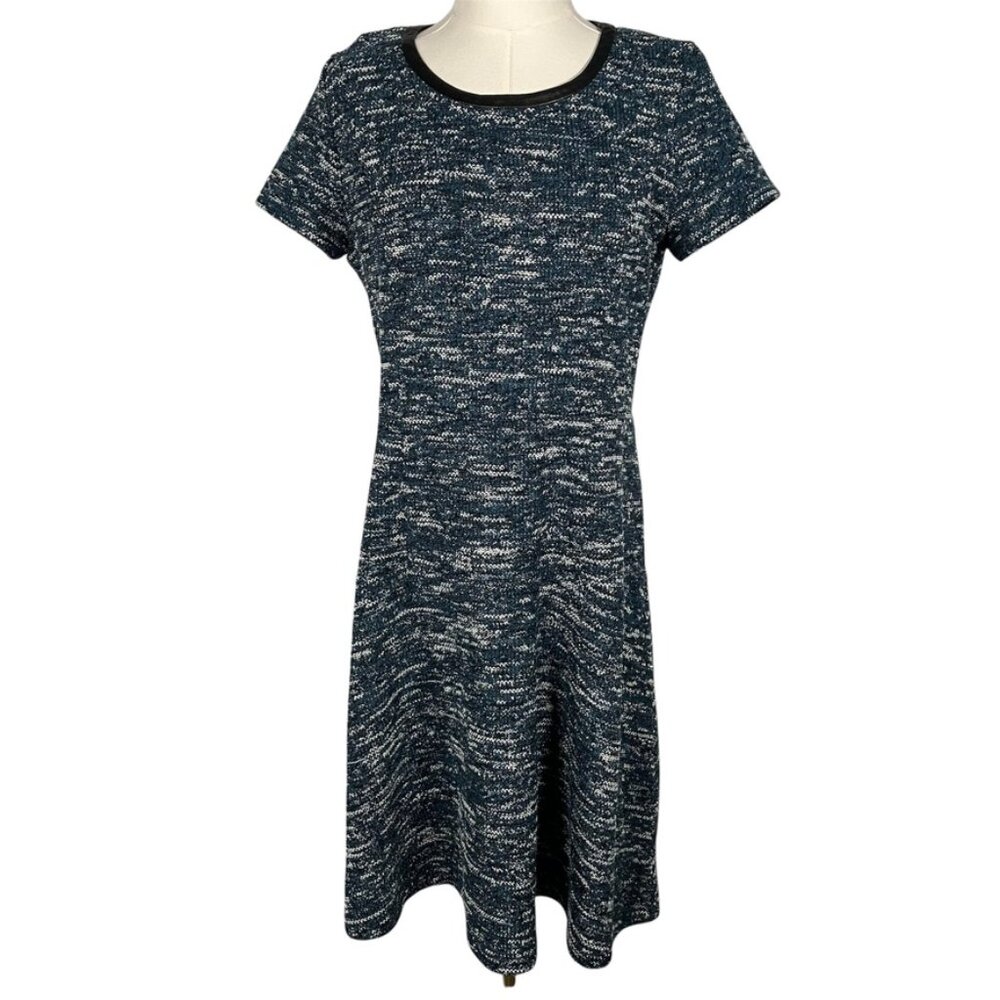 Talbots Tweed Fit & Flare Short Sleeve Crew Neck Dress Womens 10P Teal Black New